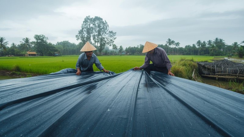 Petani memeriksa kondisi terpal HDPE yang melindungi peralatan pertanian dari hujan.