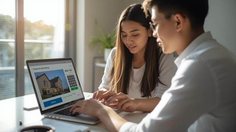 Calon pembeli rumah sedang menggunakan laptop untuk melakukan simulasi KPR Bank Sinarmas sebelum akad, menampilkan kalkulator cicilan di layar.