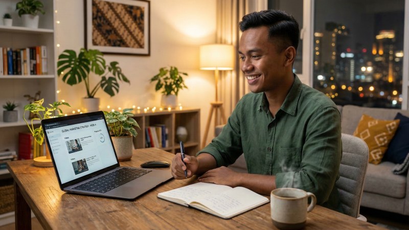 Orang dewasa Indonesia percaya diri belajar bahasa Inggris pemula online menggunakan laptop