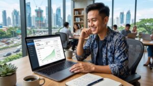 Seorang blogger pria Indonesia tersenyum melihat grafik pertumbuhan trafik blognya di laptop