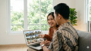 Pasangan muda yang sedang antusias mencari rumah idaman melalui platform pencarian properti digital.
