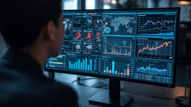 Proses menganalisis data pencarian dan tren topik di layar monitor komputer.