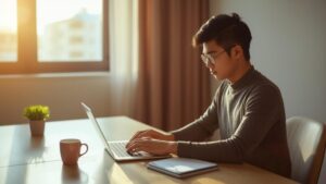 Blogger Indonesia sedang fokus mengelola konten di depan laptop untuk membangun aset digital.