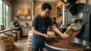 Proses sangrai biji kopi segar menggunakan mesin roaster komersial kopi jakarta