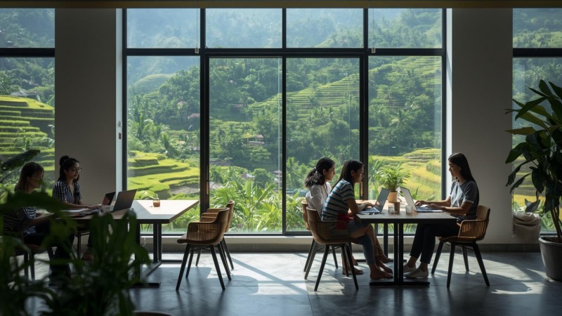 Suasana coworking space di kelilingi alam terbuka hijau yang mendukung fokus dan produktivitas.