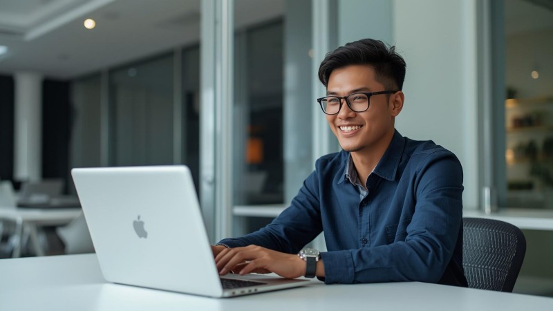 Freelancer profesional sedang menawarkan jasa konsultasi digital kepada klien melalui panggilan video.