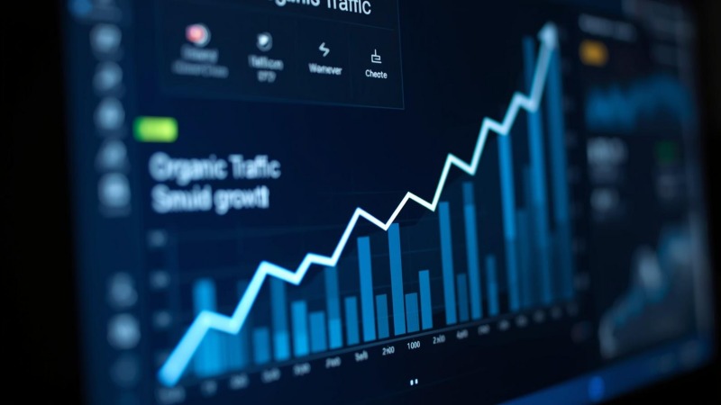 Grafik analitik yang menunjukkan pertumbuhan trafik organik yang stabil pada sebuah website.
