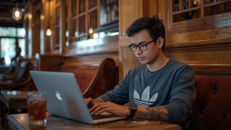 Freelancer bekerja dengan santai di kafe berdesain tradisional kayu yang tenang, wisata untuk remote worker