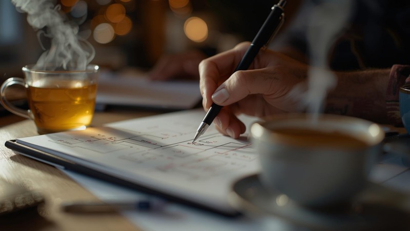Menyusun kerangka tulisan atau outline secara terstruktur sebelum mulai mengetik naskah.