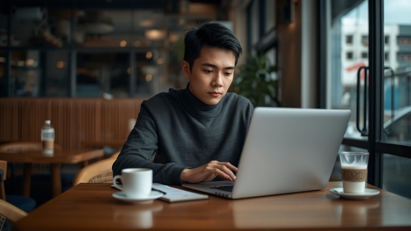 Seorang content writer Indonesia sedang fokus menulis naskah di depan laptop. blogging untuk seo