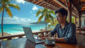 Pria wisata untuk remote worker sedang fokus bekerja di depan laptop pada kafe pinggir pantai yang nyaman.