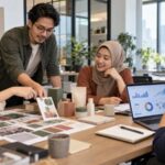 Tim bisnis membahas strategi branding dan marketing