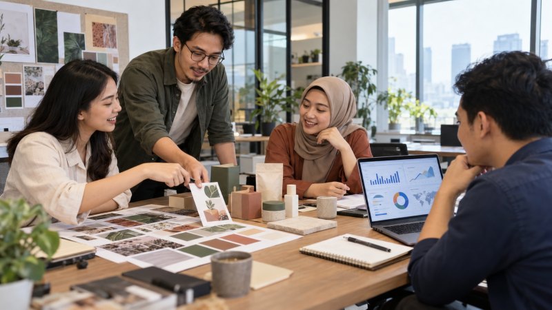 Tim bisnis membahas strategi branding dan marketing