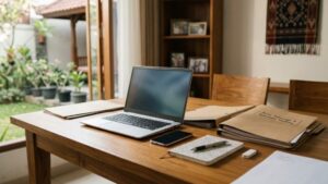 Laptop, ponsel, dan dokumen keluarga yang disiapkan untuk pengelolaan informasi penting.