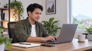 Pengguna mengelola website melalui laptop dengan layanan web hosting.