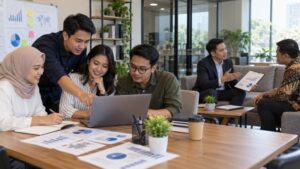Tim marketing dan sales bekerja dalam proses penjualan