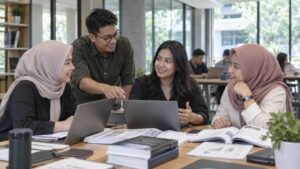 Mahasiswa Magister Manajemen belajar dengan laptop dan materi perkuliahan.