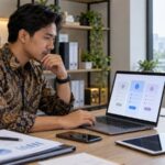 Pemilik bisnis meninjau kebutuhan lisensi software di laptop