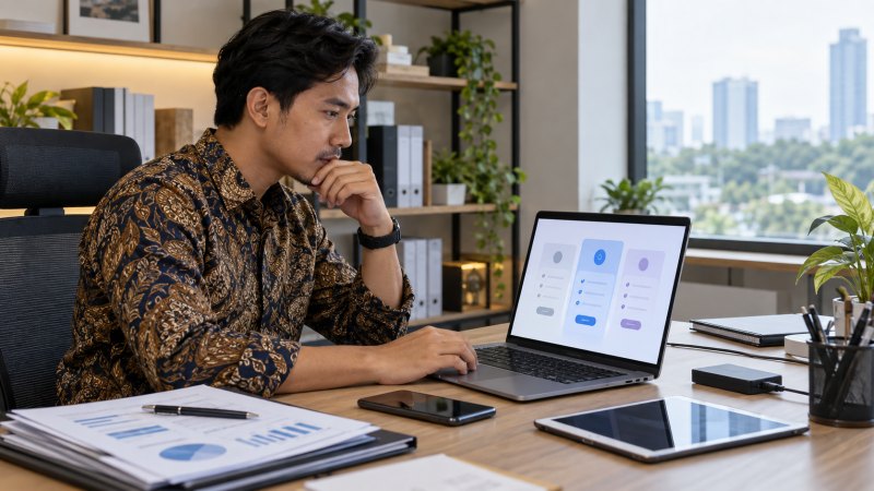 Pemilik bisnis meninjau kebutuhan lisensi software di laptop