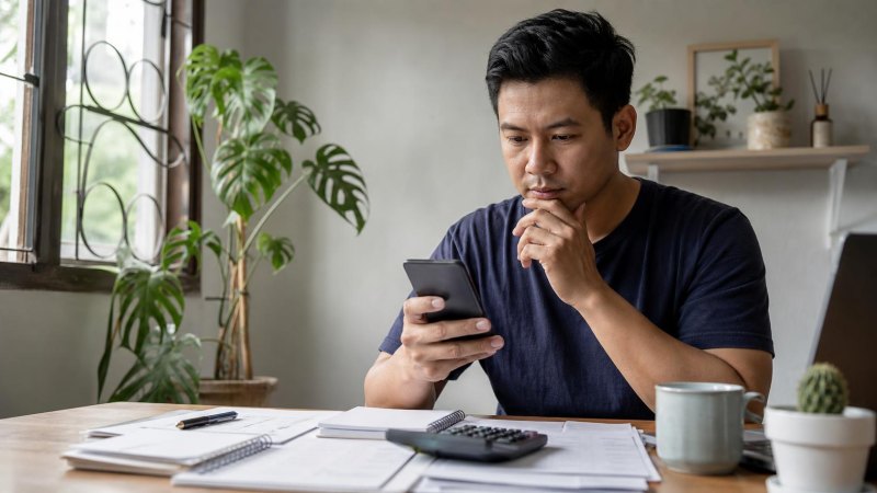 Orang meninjau catatan biaya pinjaman online dengan kalkulator dan ponsel